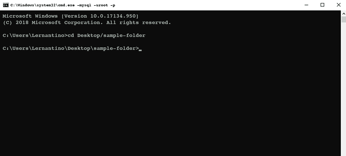 The command "cd Desktop/sample-folder" has been entered in the command line, and the sample folder has been accessed.