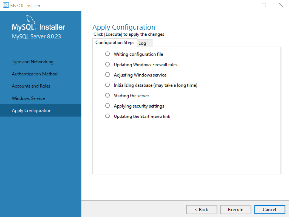 Under Apply Configuration, no options are selected. The Execute button appears at the bottom right of the page.