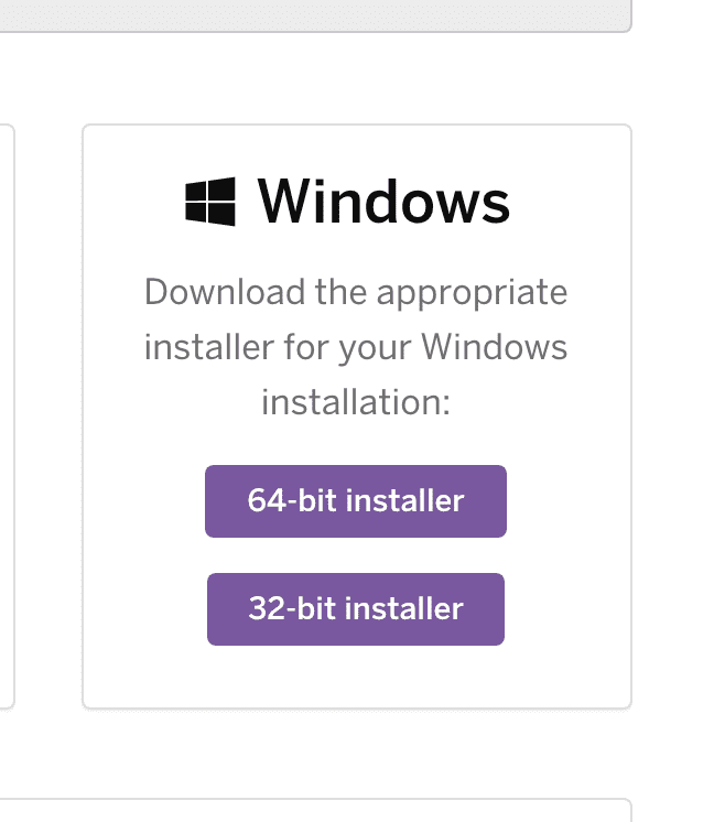 El instalador de la interfaz de línea de comando de Heroku se vincula a Windows con dos botones púrpuras: uno para el instalador de 64 bits y otro para el instalador de 32 bits.