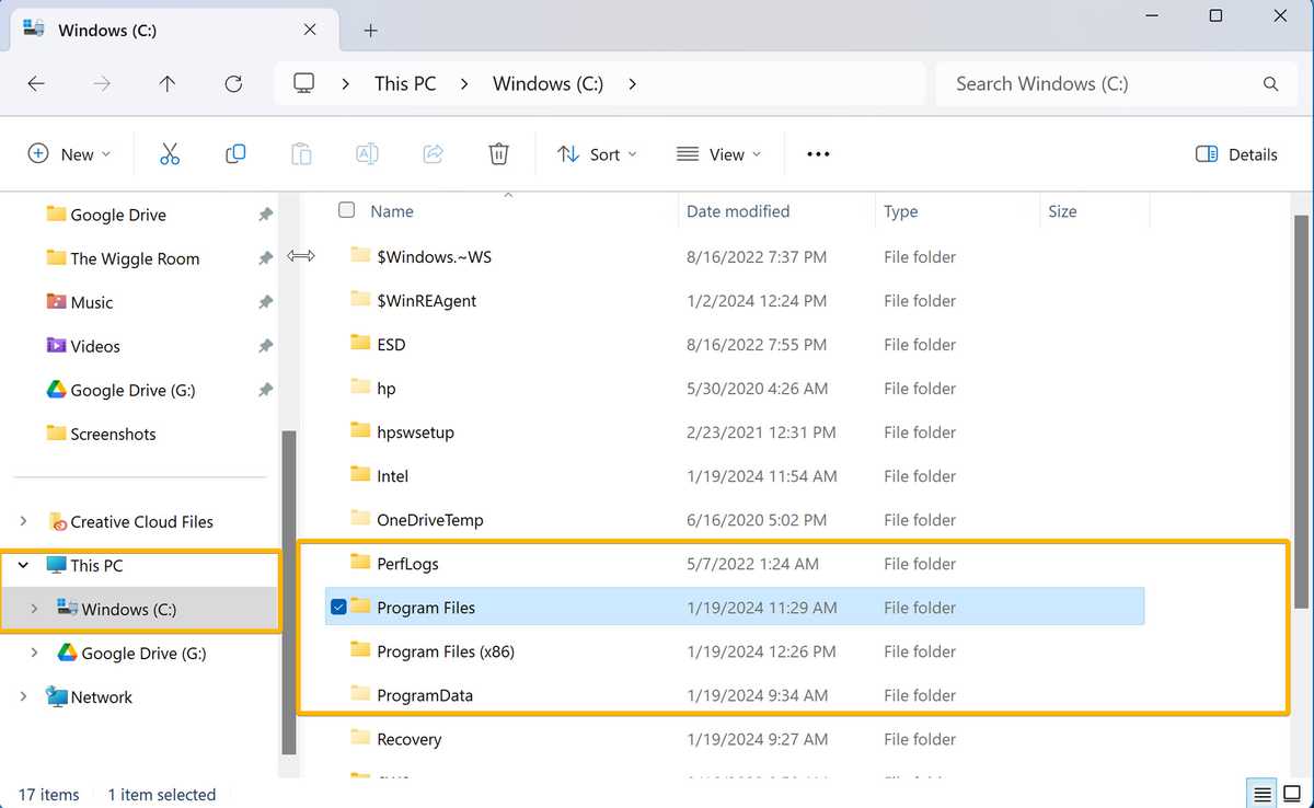 The file explorer showing the "This PC" quick link open and "Program Files" highlighted with an orange box.
