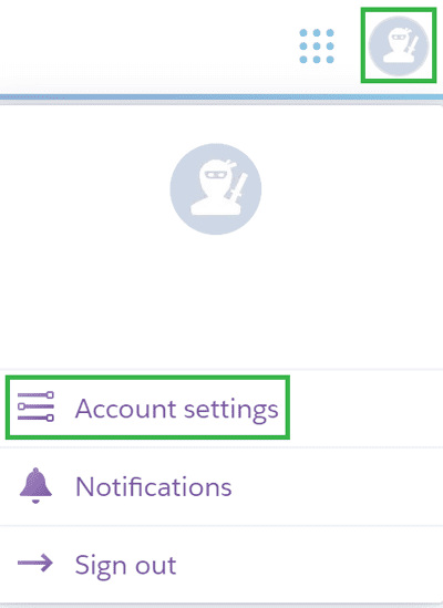 En la esquina superior derecha, un icono de perfil está resaltado en verde, con “Account settings” resaltado en el menú desplegable.