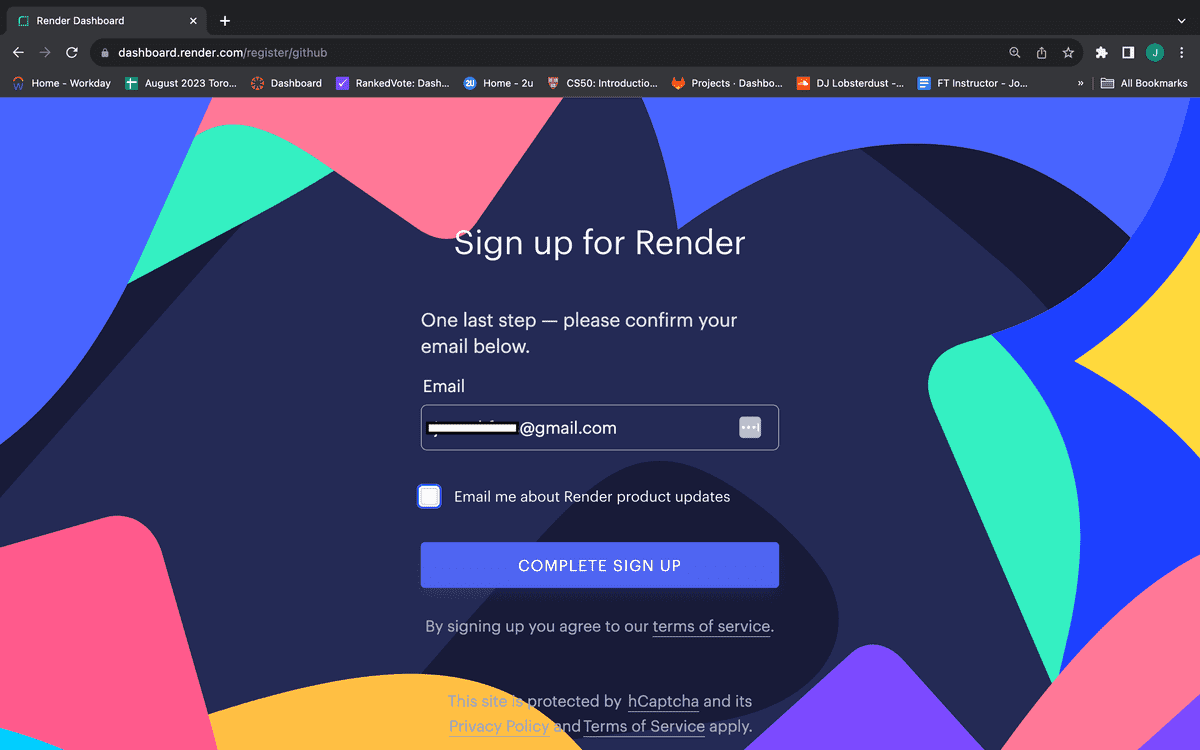 Screenshot of the Render sign up confirmation page. User email is displayed in an input field, and a button with the text "Complete Sign up" is near the bottom of the page.