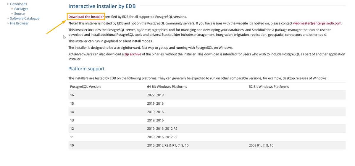 On the PostgreSQL installer download page, an orange box outlines a "Download the installer" link.
