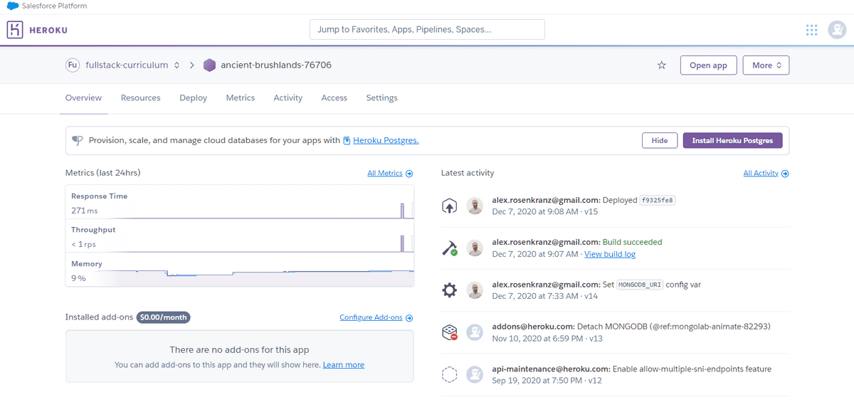 Overview tab of the selected application deployed on Heroku.
