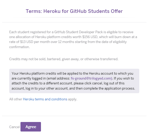 Heroku's Terms and agreement pop-up with Cancel and Agree buttons.