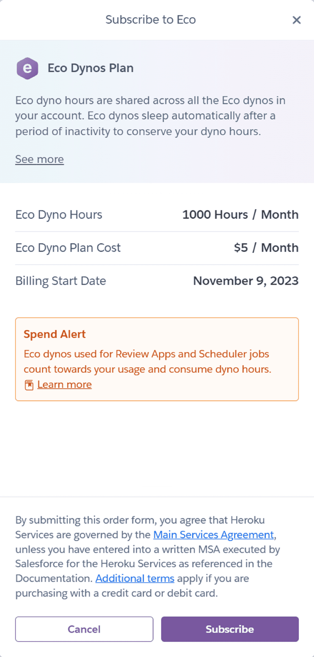 "Subscribe to Eco" modal with "Subscribe" button and Eco Dynos description: 1,000 Hours / Month, $5 / Month.