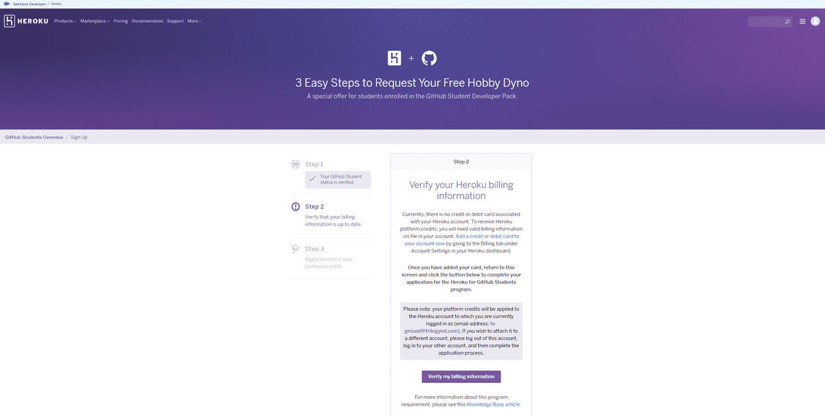 Step 2 of 3, asking the user to verify their Heroku billing information.