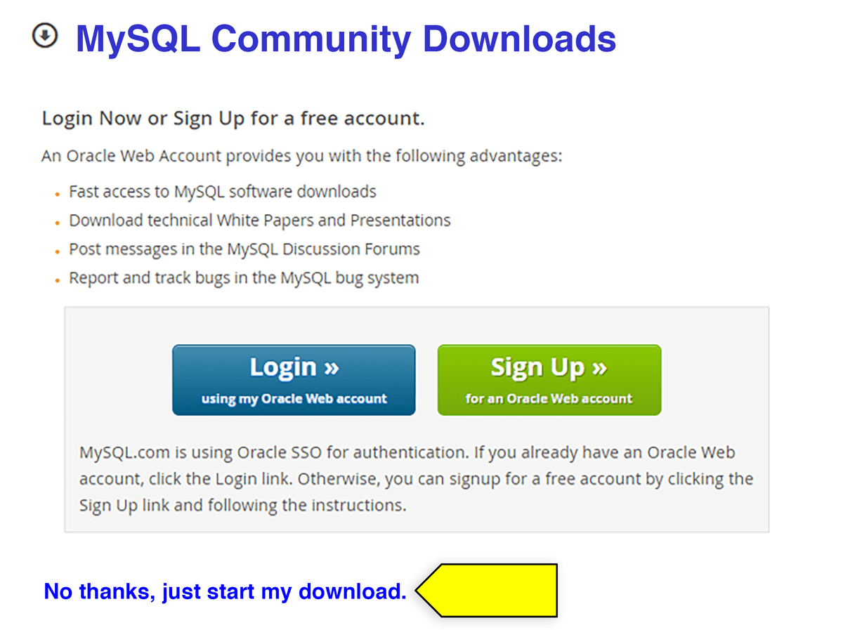 A yellow arrow points to blue text that says "No thanks, just start my download" at the bottom of the page.